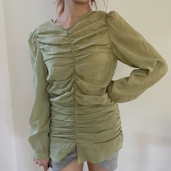 Stylenanda / 3CE shirred ruched green blouse top - Picture 1 of 3